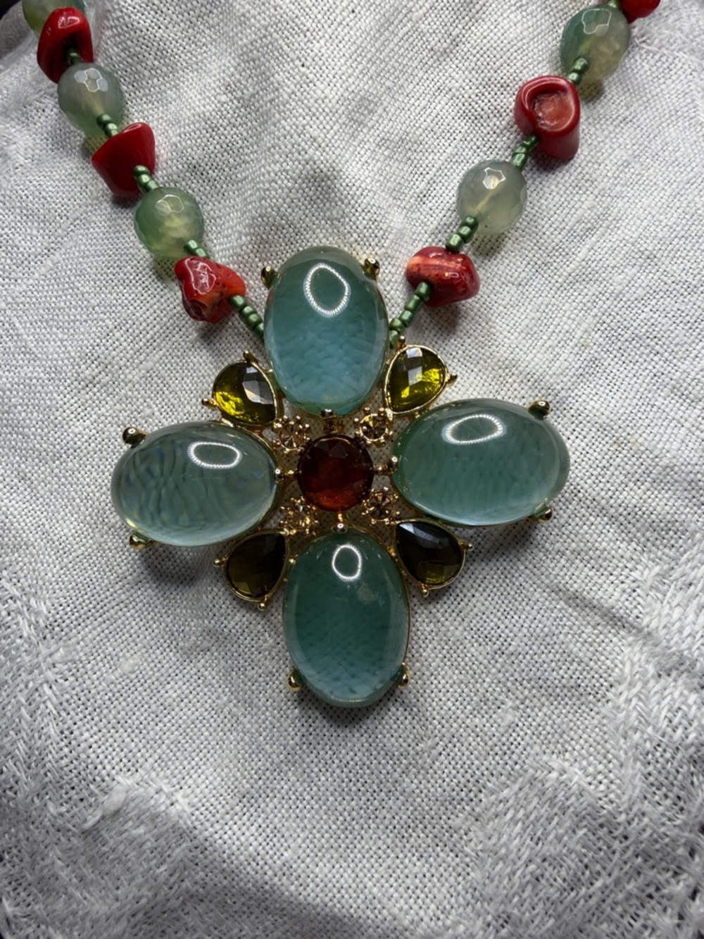 Unusual Vintage Pendant Necklace & Earrings- Soft Green and Red Accents